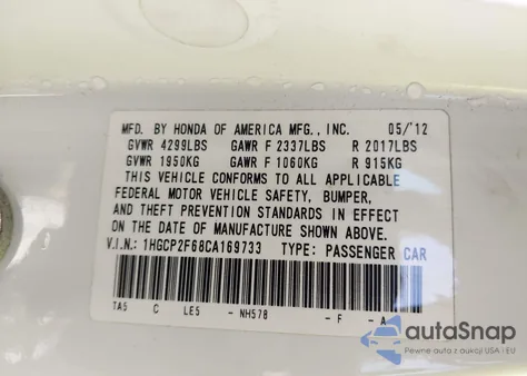 2012 Honda Accord 2.4 Se из США, поврежденный, VIN 1HGCP2F68CA169733